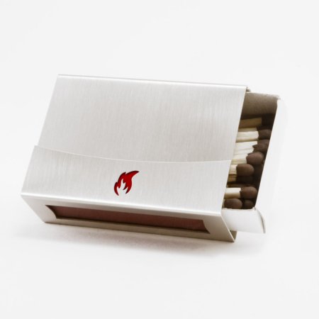 Streichholzschachtel - Huelle mit roter Flamme aus Edelstahl