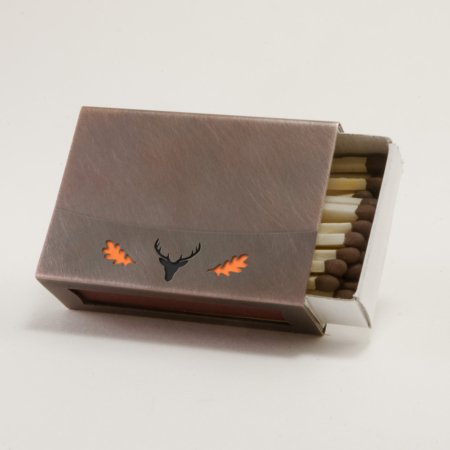 Streichholzschachtel - Huelle aus Kupfer mit orangenem Eichenlaub und schwarzem Hirschkopf