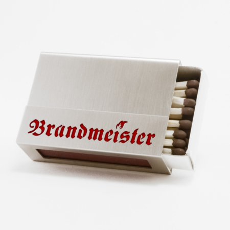 Streichholzschachtel - Huelle "Brandmeister" aus Edelstahl mit roter Schrift