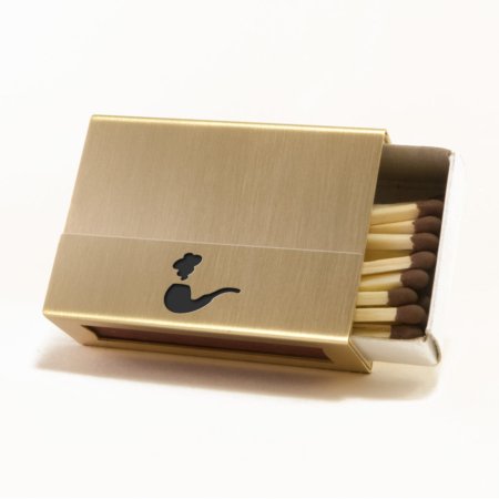 Streichholzschachtel - Huelle aus Messing mit schwarzer Pfeife