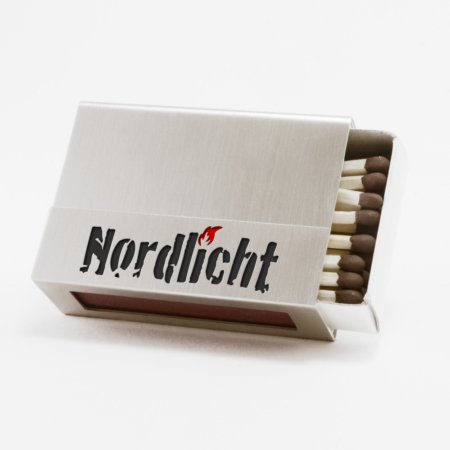 Streichholzschachtel - Huelle "Nordlicht" aus Edelstahl in schwarzer Schrift