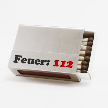 Streichholzschachtel - Huelle "Feuer - 112" aus Edelstahl