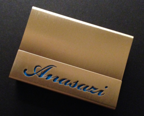 Messing Streichholzhülle mit handgesägtem Text