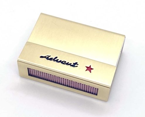 Streichholzhülle aus Messing mit Weihnacht Schriftzug